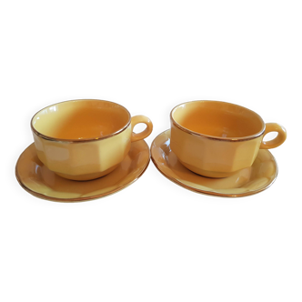 Duo of chocolate cups, breakfast, Bistro style, porcelain, yellow and gold