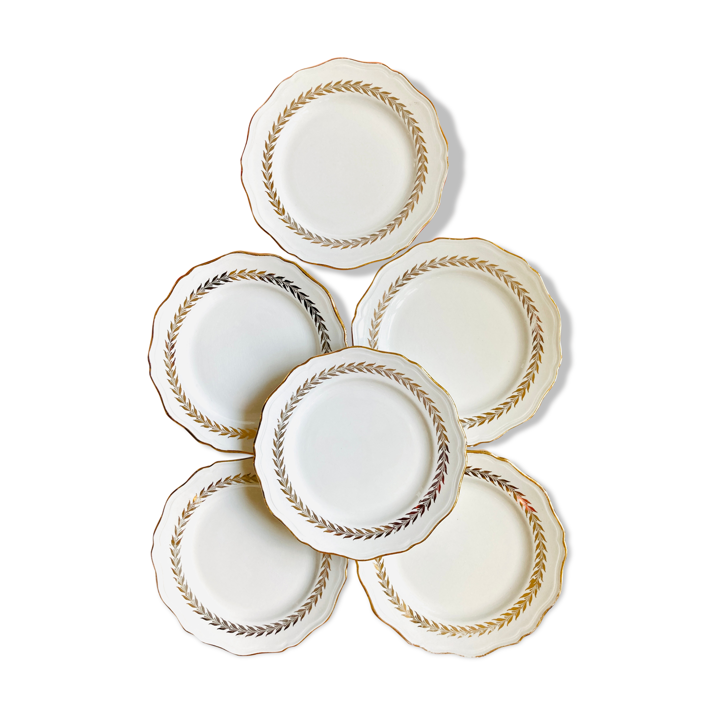 Lot of 6 white and golden vintage plates Poreylor l'Amandinoise France