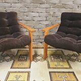Pair of Yngve Ekström pine armchairs 1970