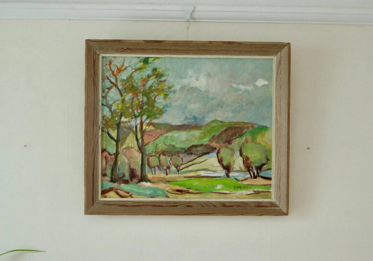 Huile sur panneau suédoise originale du milieu du siècle « Paysage avec arbres »