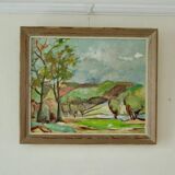 Huile sur panneau suédoise originale du milieu du siècle « Paysage avec arbres »