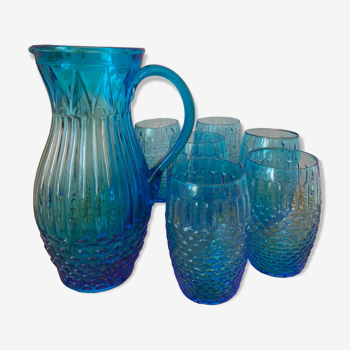 Orange service in blue molded glass Art Deco vintage pitcher and 6 glasses
