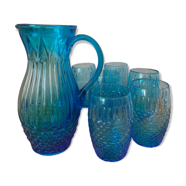 Service à orangeade en verre moulé bleu Art déco vintage pichet et 6 verres