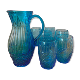 Service à orangeade en verre moulé bleu Art déco vintage pichet et 6 verres