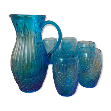 Vintage Art Deco blue molded glass orangeade set, pitcher and 6 glasses