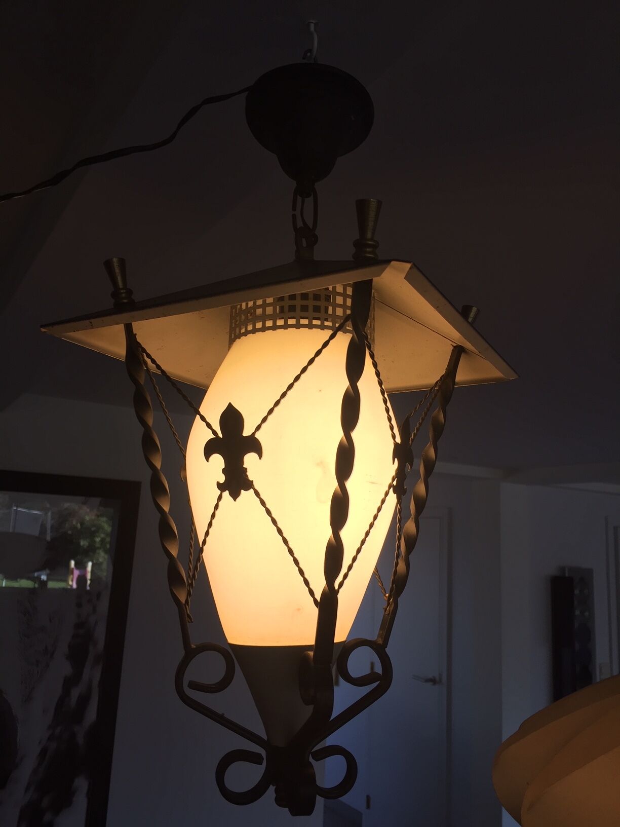 lantern in forged iron, opaline and brass