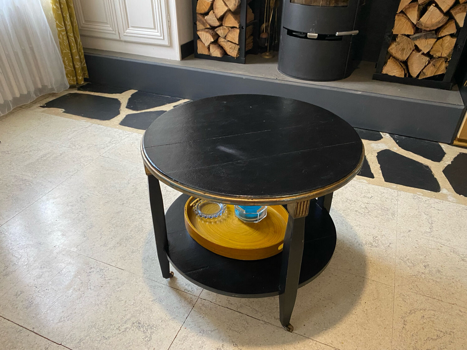 Round wooden coffee table, antique, double top, 4 legs.