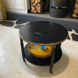 Round wooden coffee table, antique, double top, 4 legs.