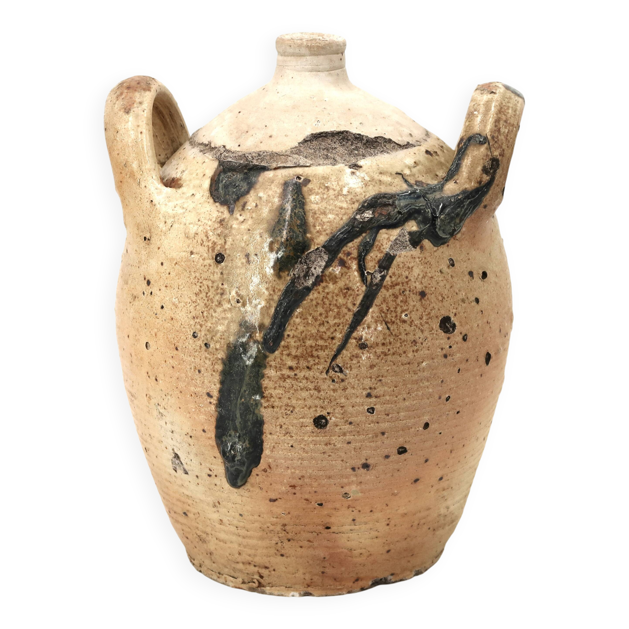 Traditional wabi-sabi stoneware ceramic jar with handles, 1900