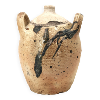 Traditional wabi-sabi stoneware ceramic jar with handles, 1900