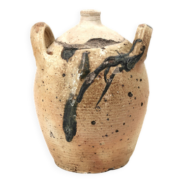 Jarre traditionnelle wabi sabi en céramique grès avec anses, 1900