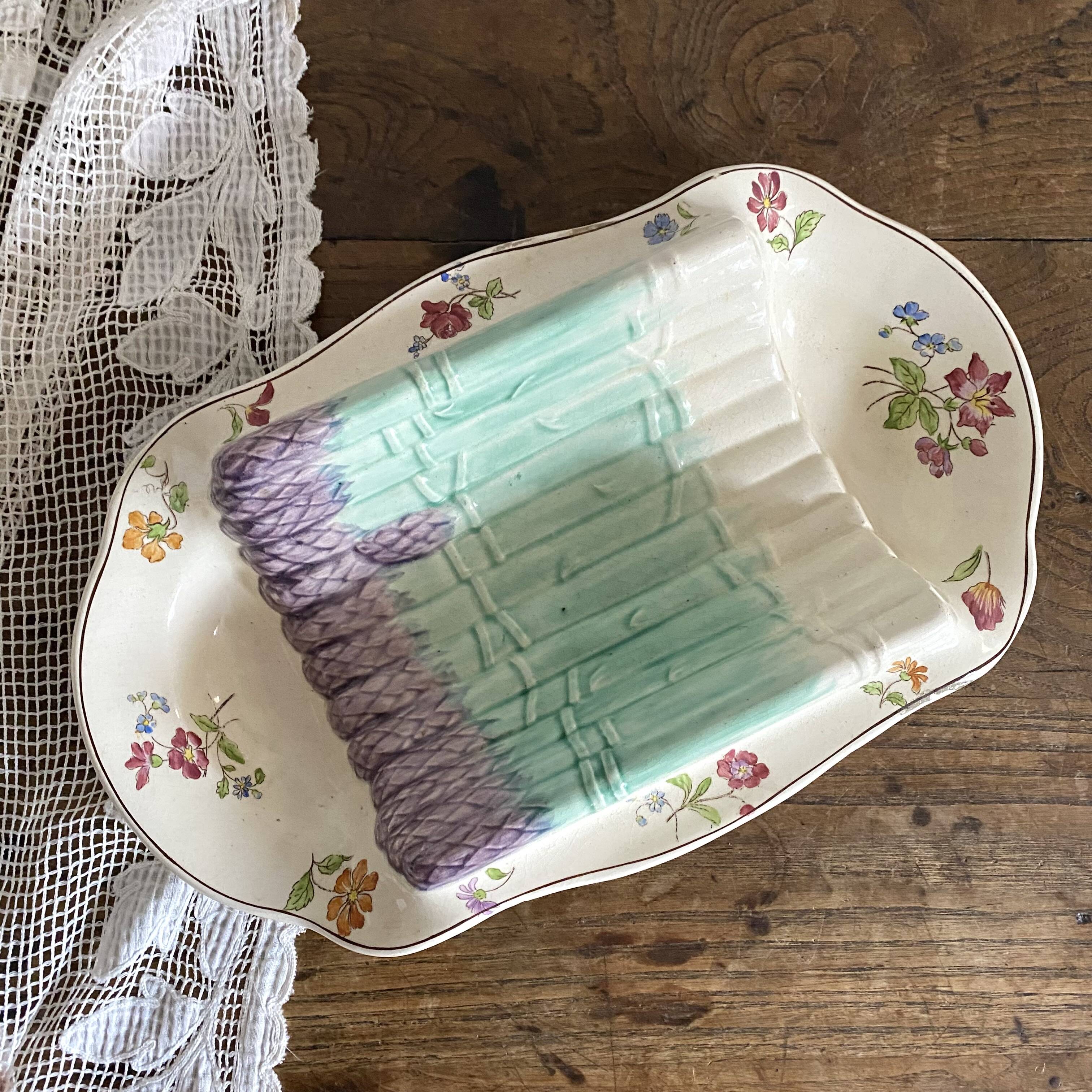 Longchamp asparagus dish in ironstone and slipware, 1900