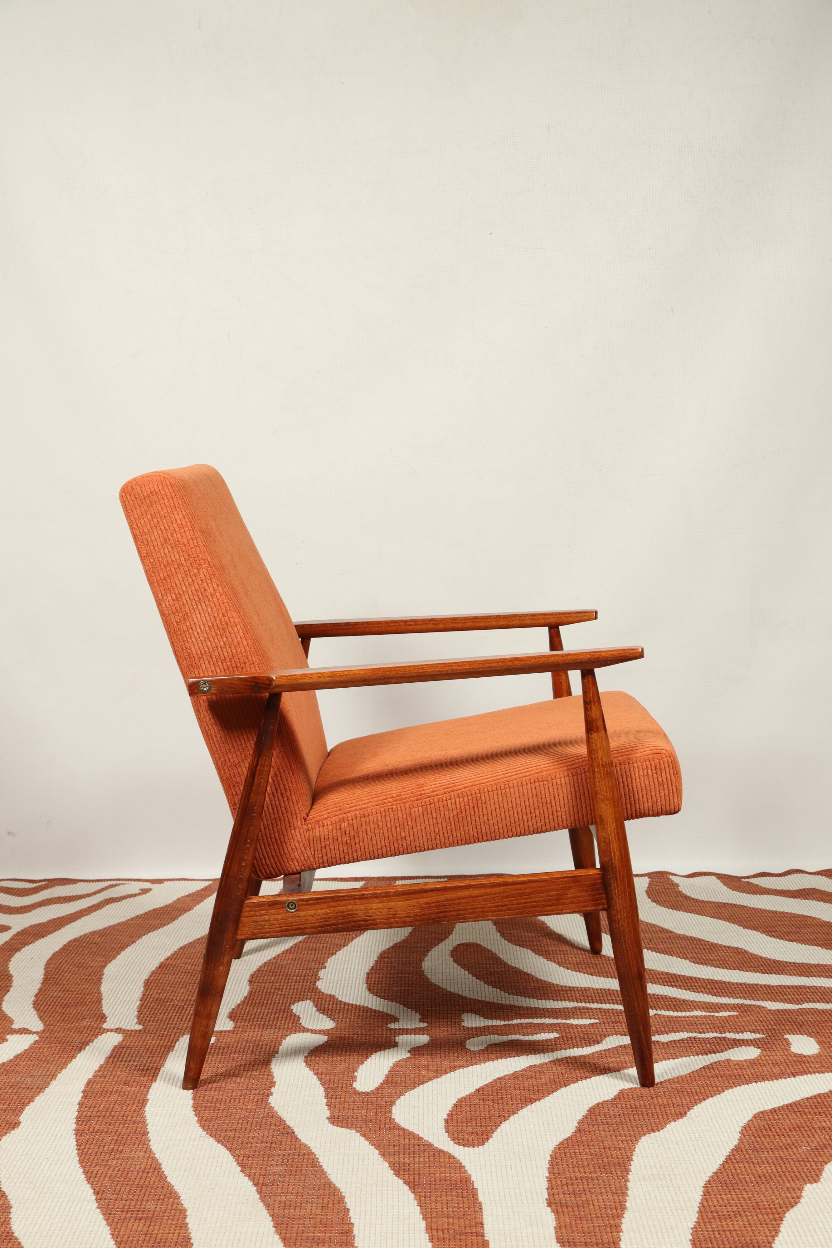 Vintage armchair orange burt corduroy upholstery , Henryk Lis, 1960, Poland