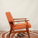 Vintage armchair orange burt corduroy upholstery , Henryk Lis, 1960, Poland