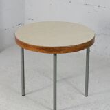 Side table tubular steel base, round top strapping wood, France, circa 1950
