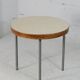 Side table tubular steel base, round top strapping wood, France, circa 1950