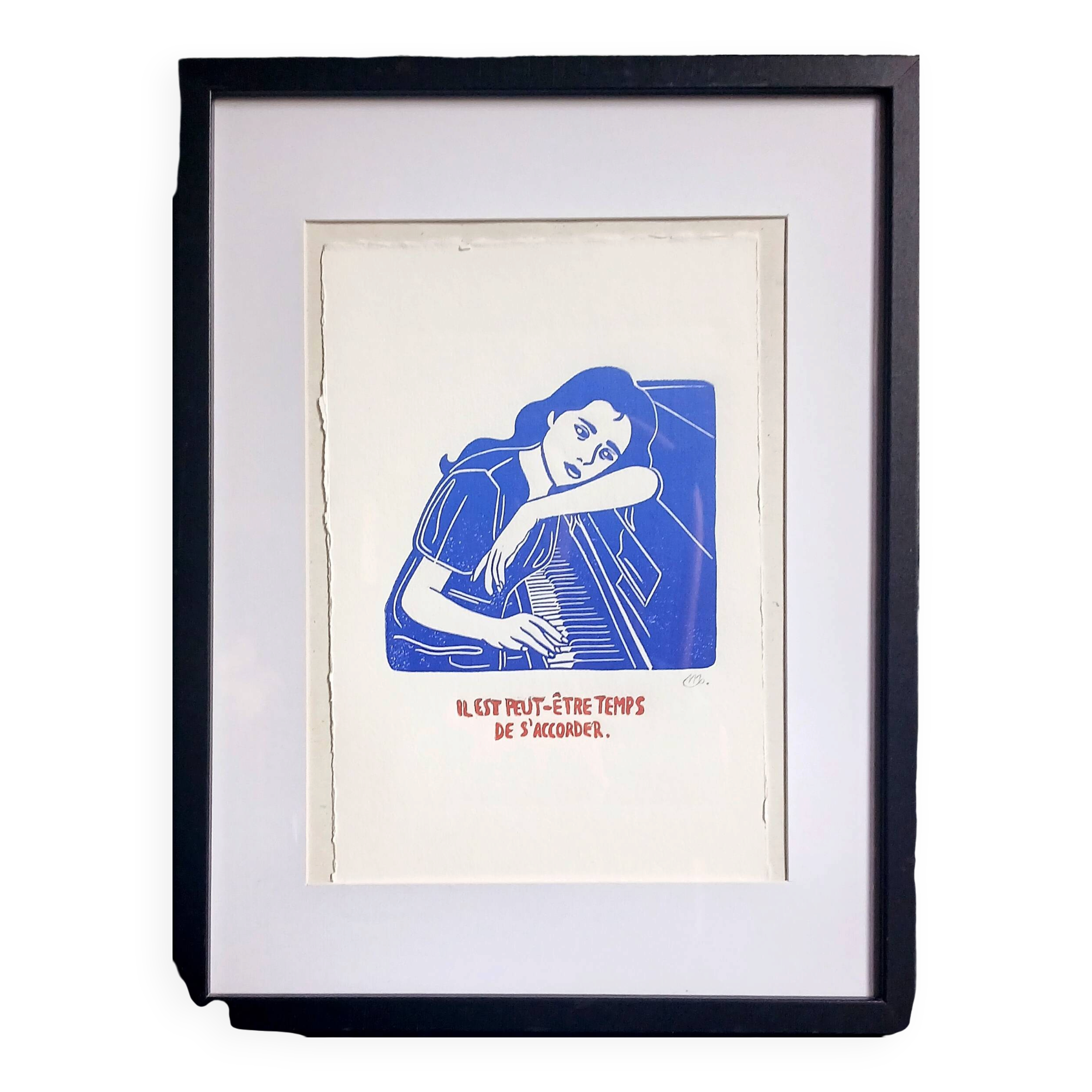 Linogravure Noémie Mahieux signée & encadrée.