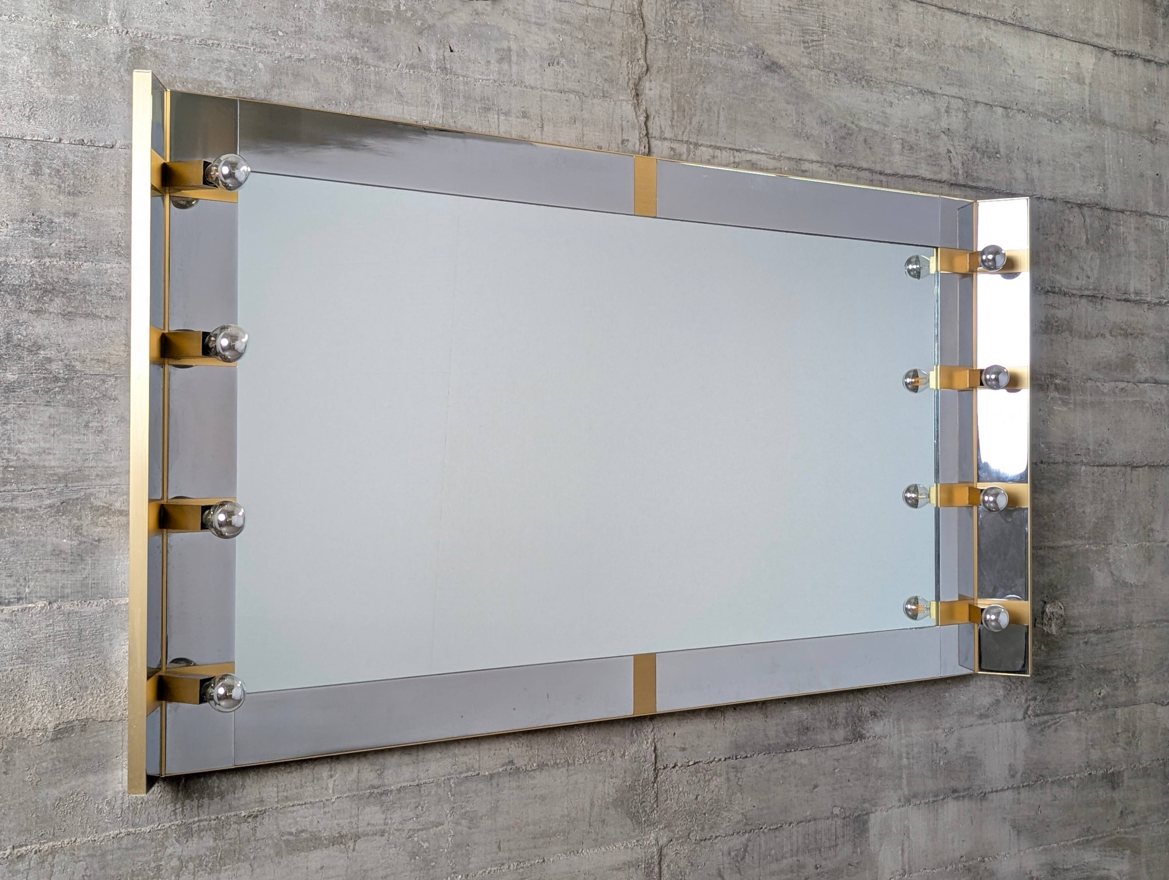 Illuminated dressing room mirror by Gaetano Sciolari in chrome and brass, Italy, 1970s