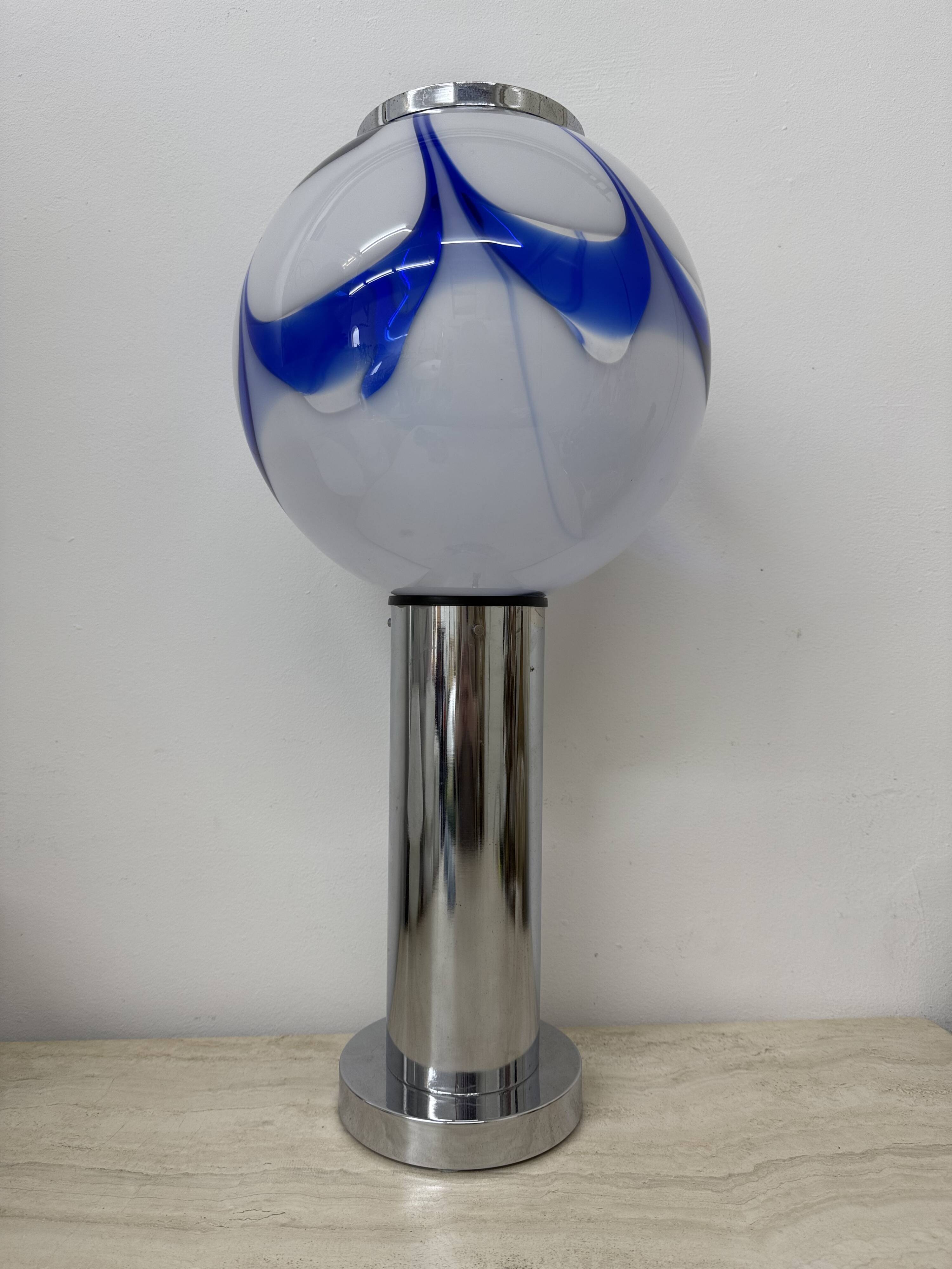 Mid – century Large glass table lamp with blue swirl , 1970s Italy