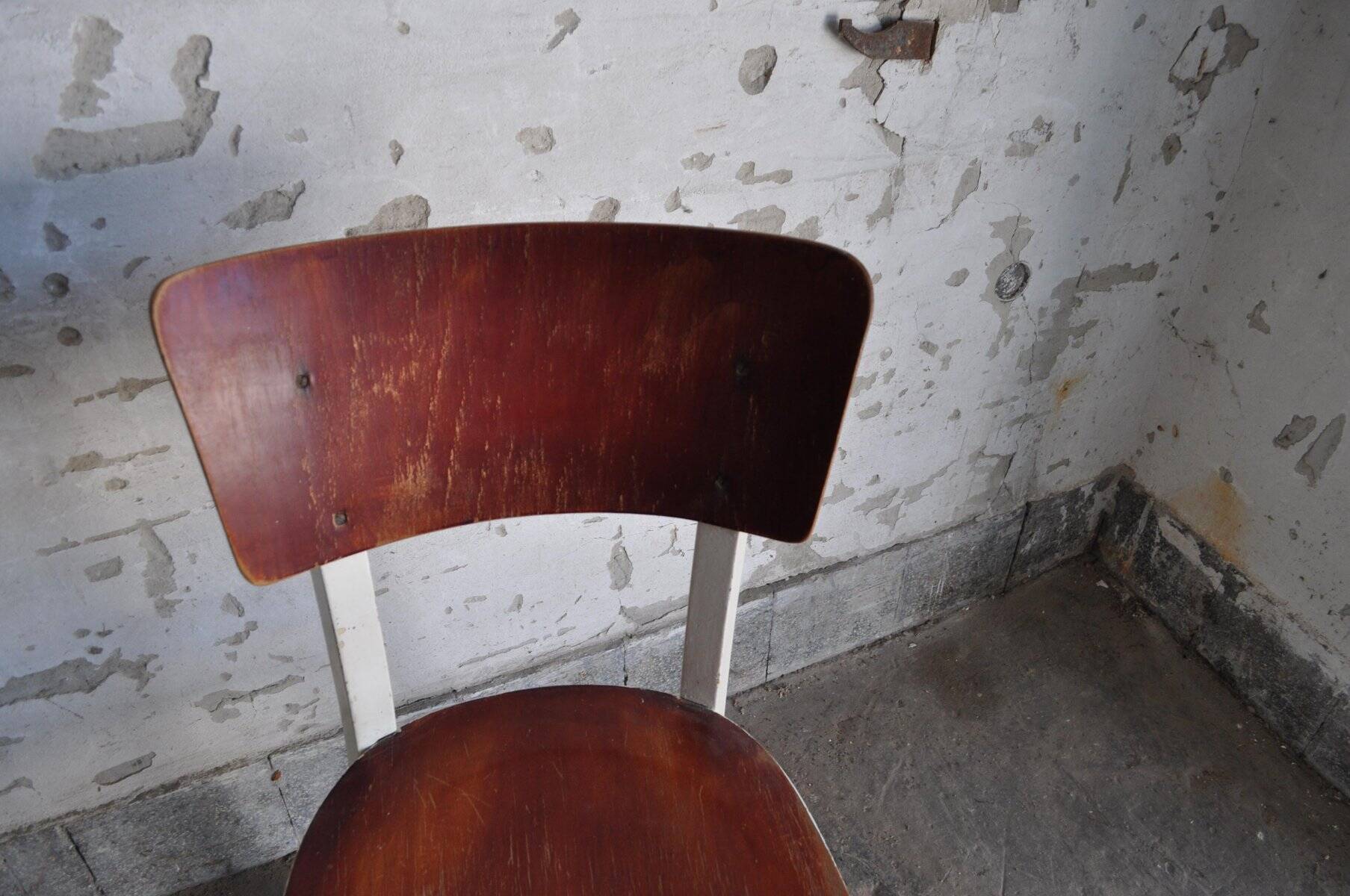 Set de chaises de salle à manger en pin peint blanc et assises bois marron, années 1950
