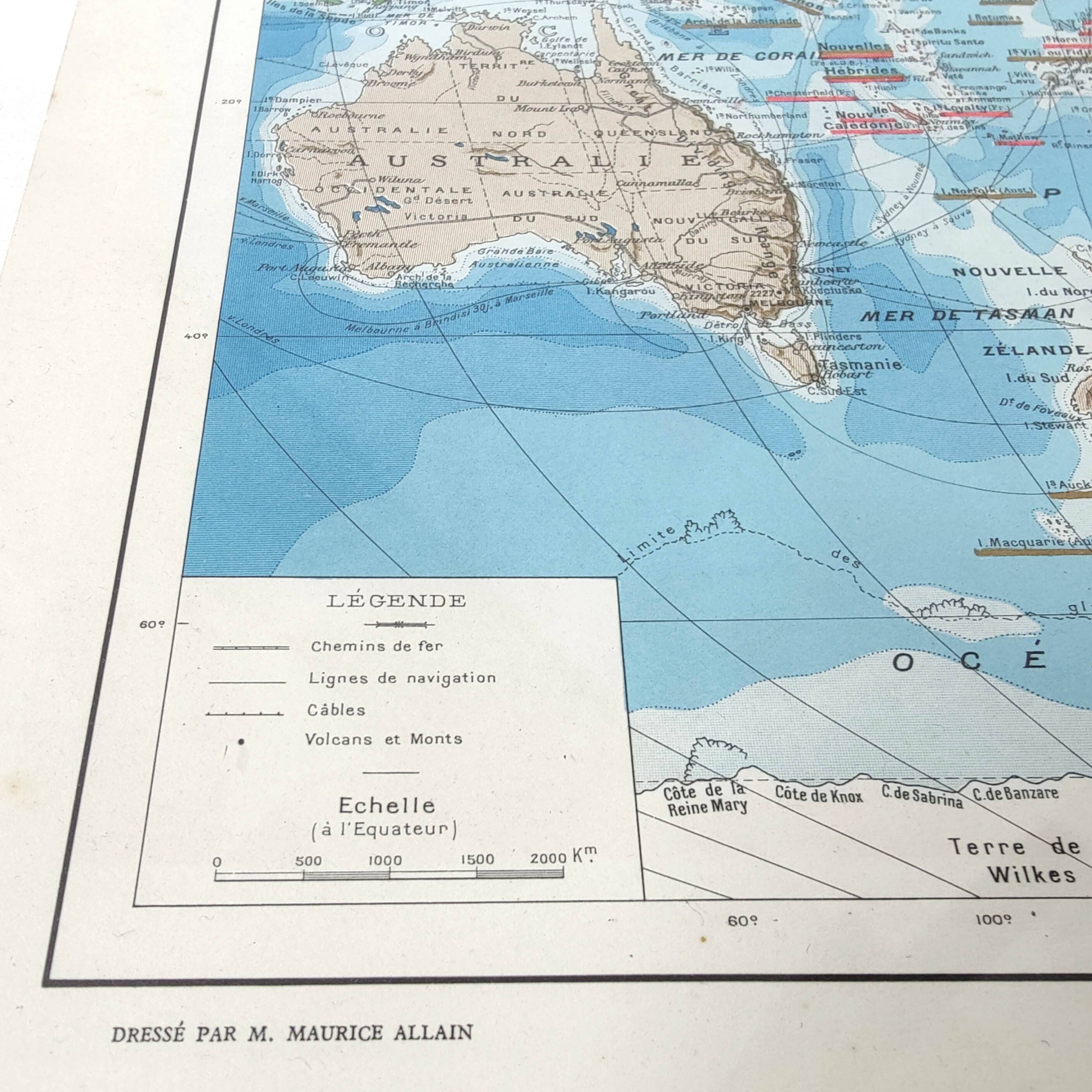 Vintage map Oceania Australia Japan 43x43cm from 1950