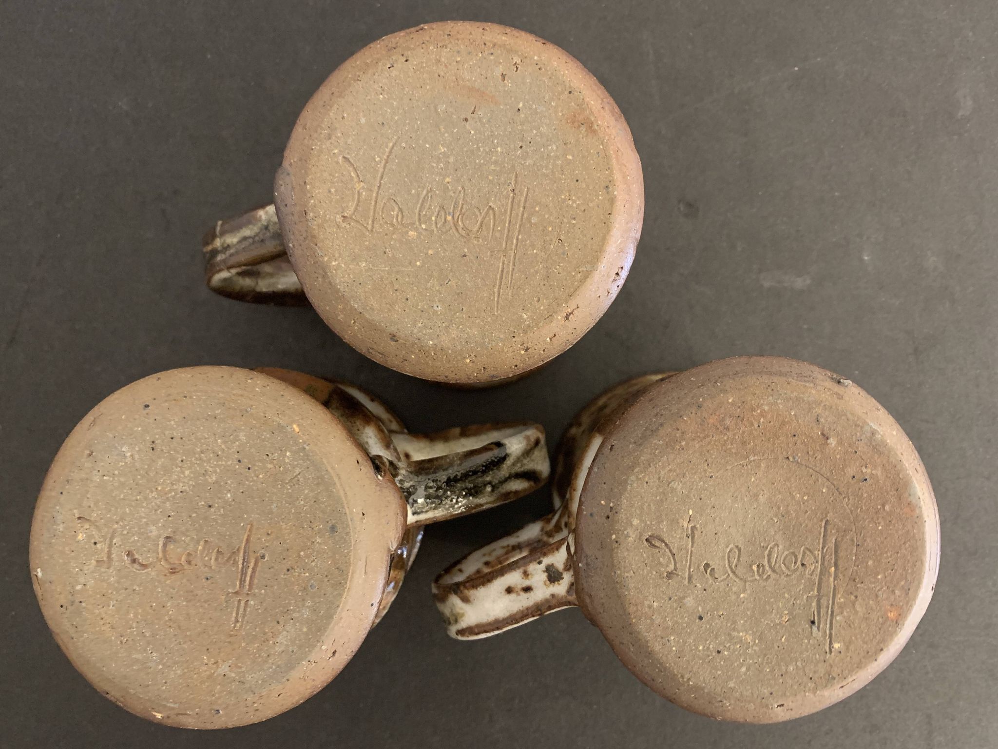 Set of 3 Danish Waldorff cups and 3 saucers in glazed stoneware
