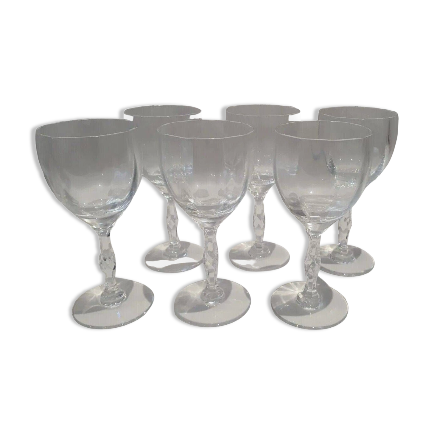 Set of 6 Faceted Balloon Glasses with Engraved St Louis Crystal Cut Feet