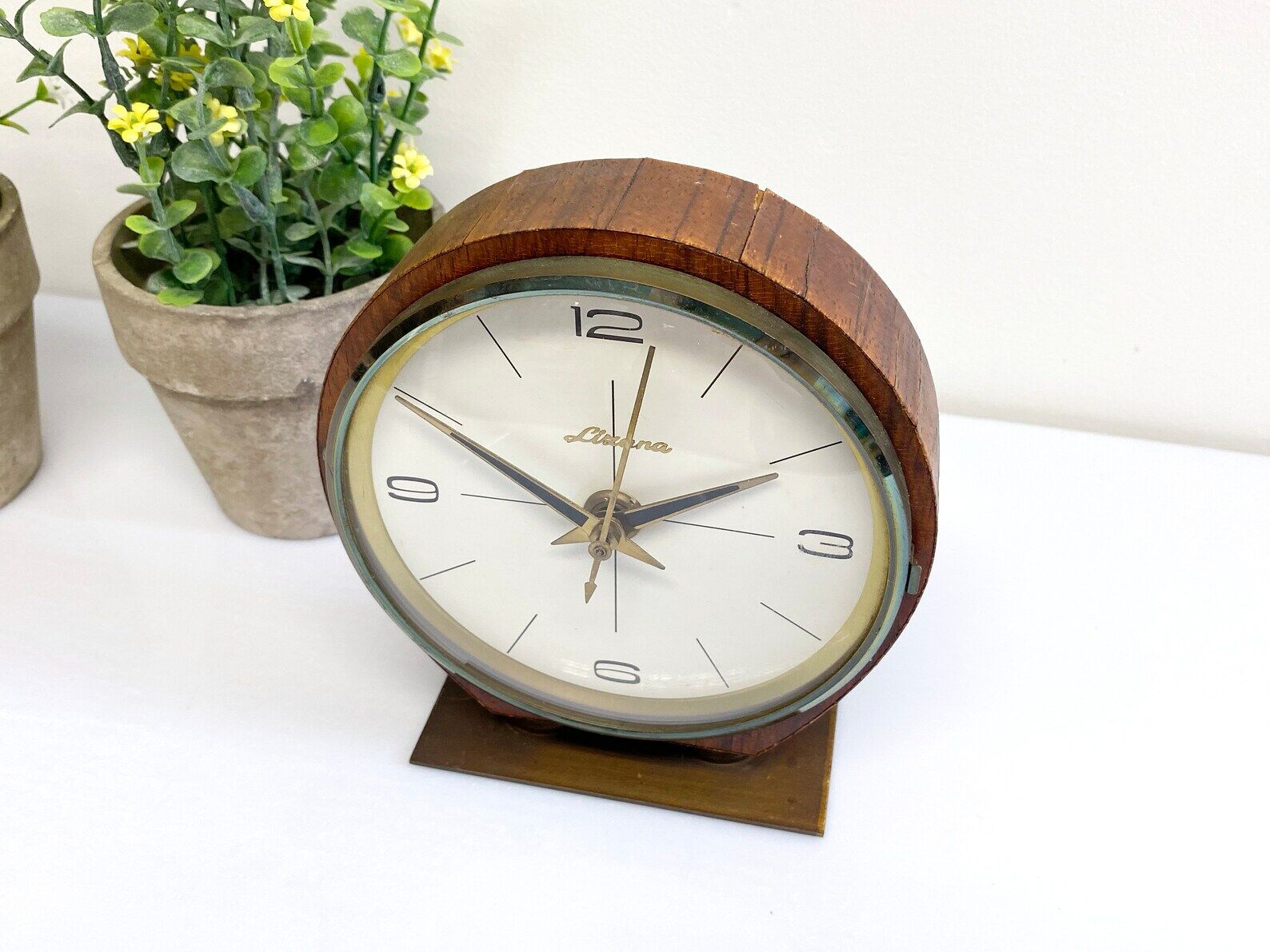 Mid century teak & brass lizana clock, vintage electric table clock