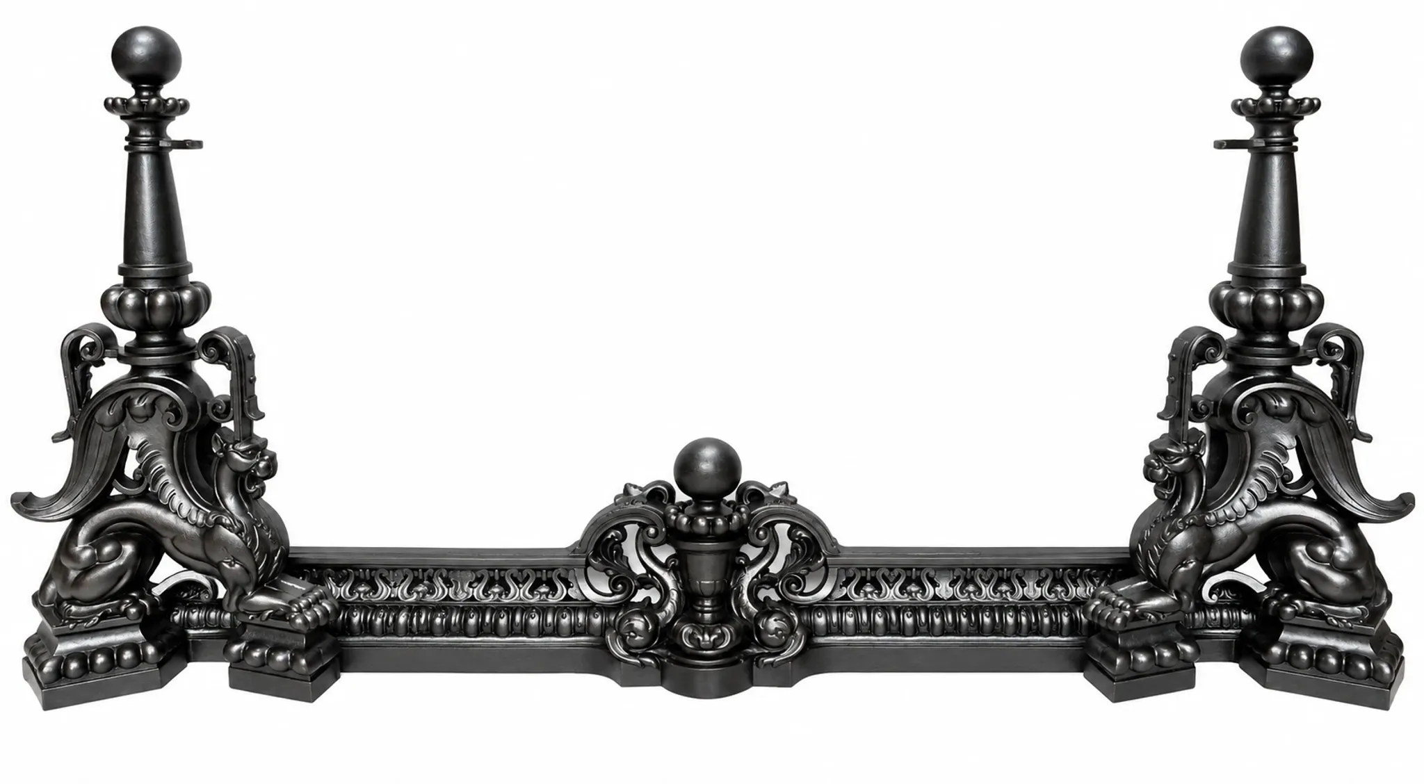 19th-century cast iron fireplace set, bar, andirons & plaque with griffins