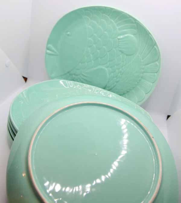 Lot de 6 assiettes poissons XL en faïence bleu ciel