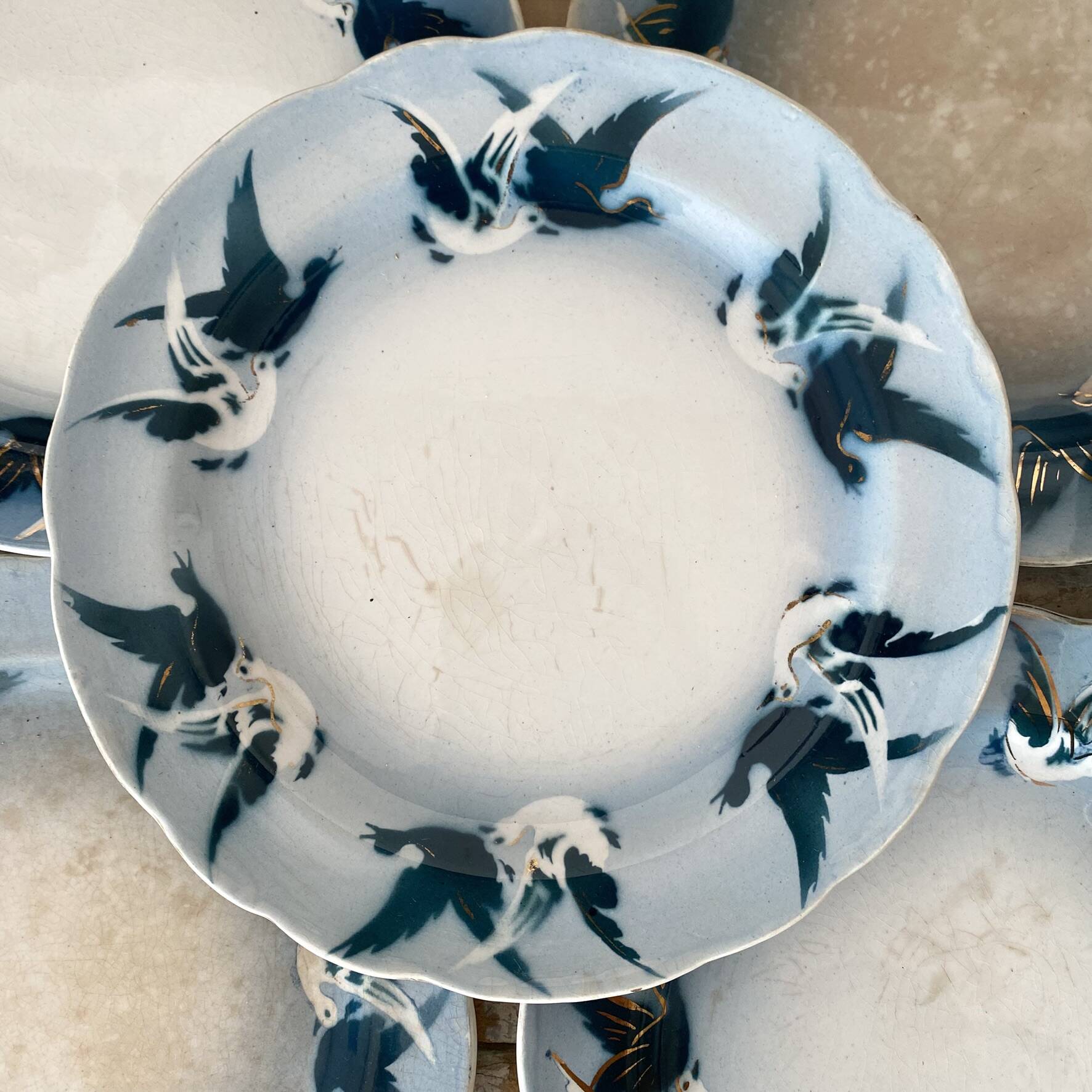 Rare dessert plates Terre de Fer Choisy le Roi, birds.