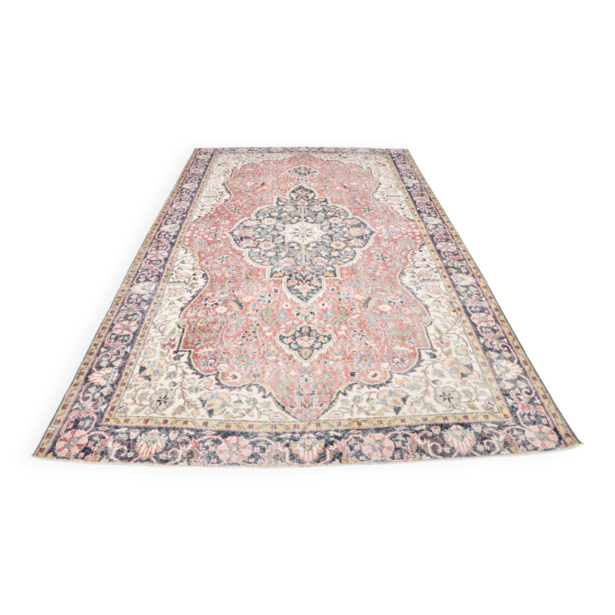 7x10 Vintage Salmon Pink & Navy Blue Vintage Persian Area Rug, 207x315 Cm