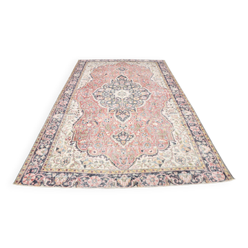 7x10 Vintage Salmon Pink & Navy Blue Vintage Persian Area Rug, 207x315 Cm