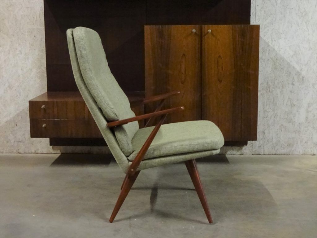 Teak armchair colored by Cor Alons for Firma C. Den Boer Gouda covered with green fabric Reseda mixture