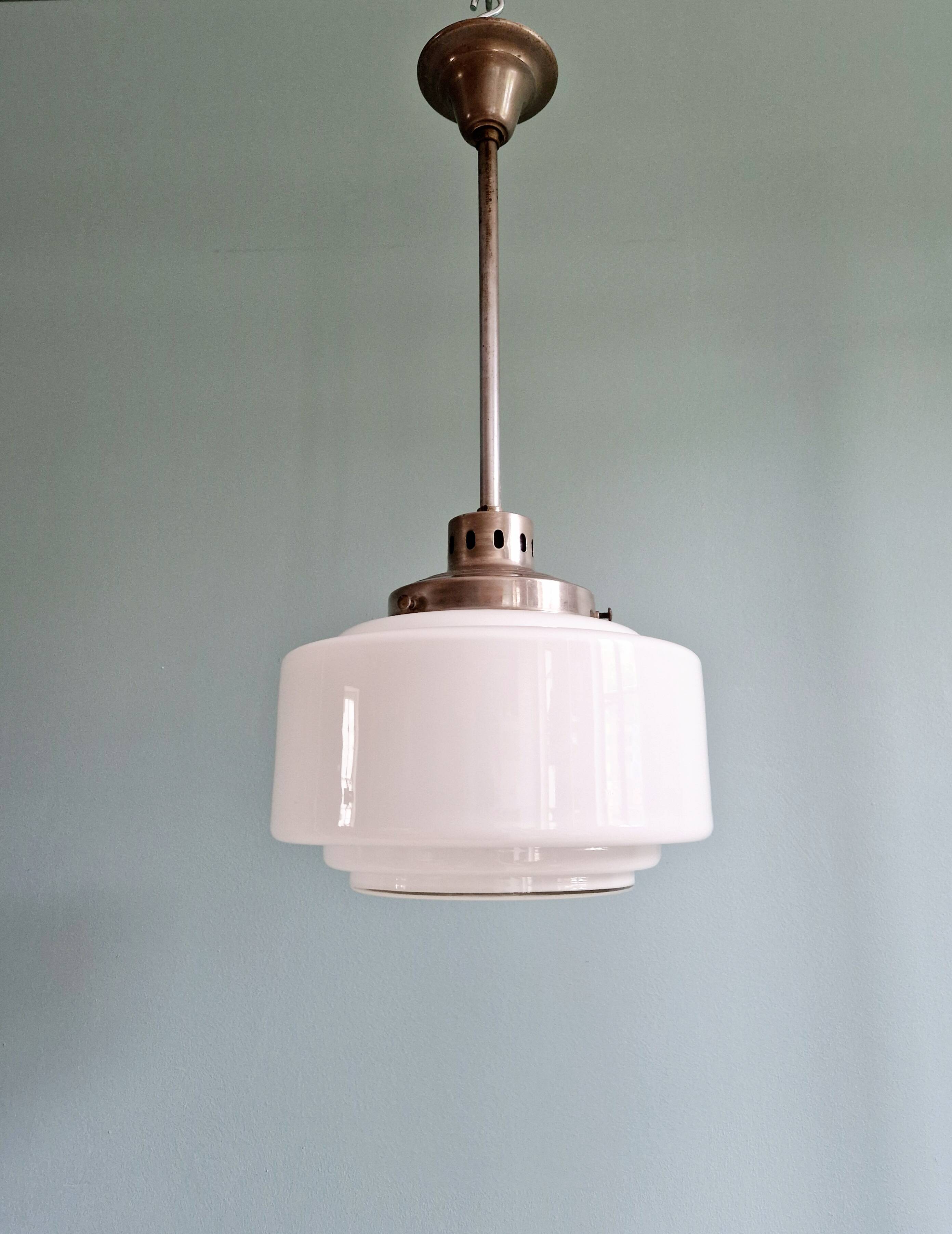 Art Deco pendant light in white opaline glass, 1930s