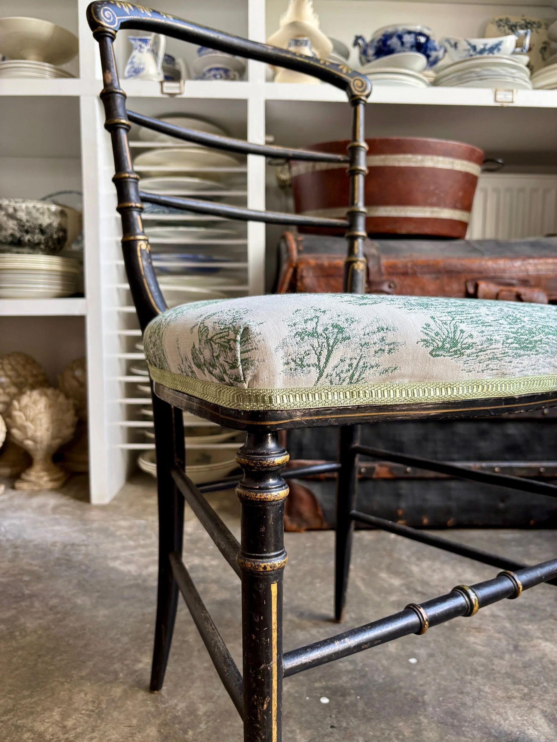 Napoleon III chair in blackened wood and green toile de Jouy.