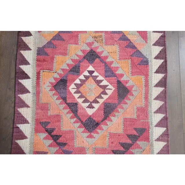 1970s Turkish Oushak Handmade Wool Cotton Pink Runner Rug 95x333