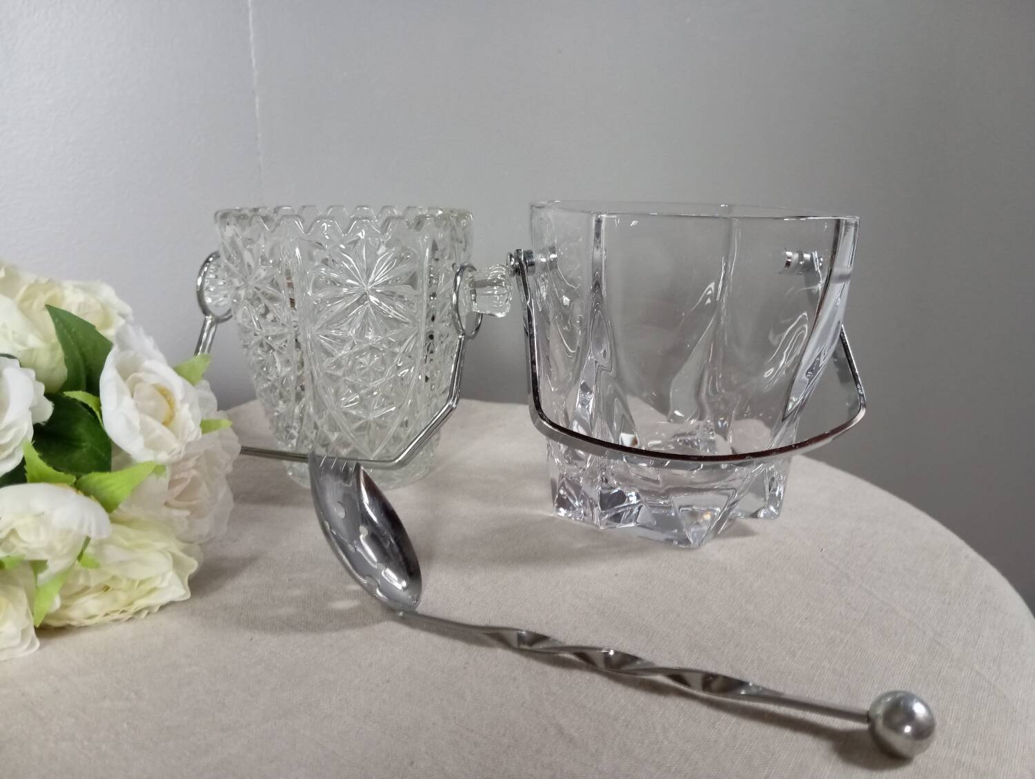 Duo of crystal ice buckets, silver metal, vintage