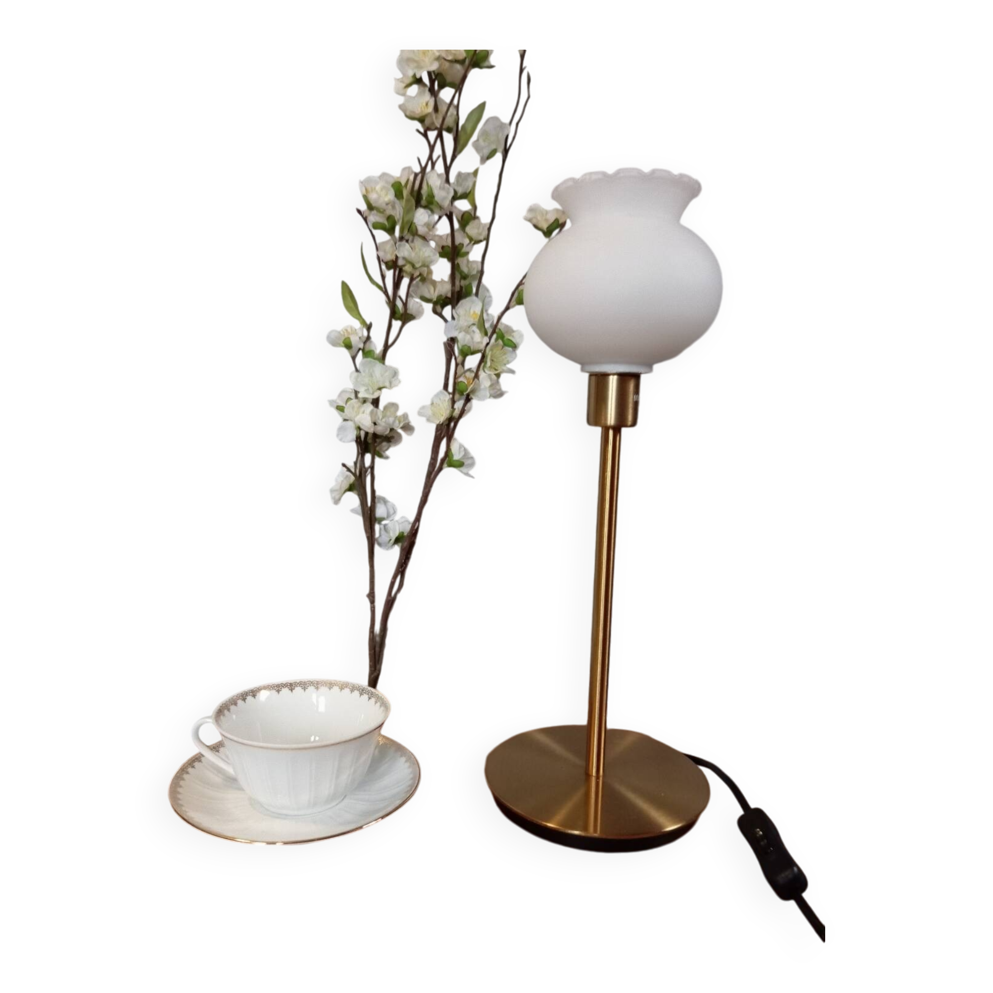 Living room lamp with gold metal base, matt white opaline globe, vintage