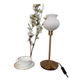 Living room lamp with gold metal base, matt white opaline globe, vintage
