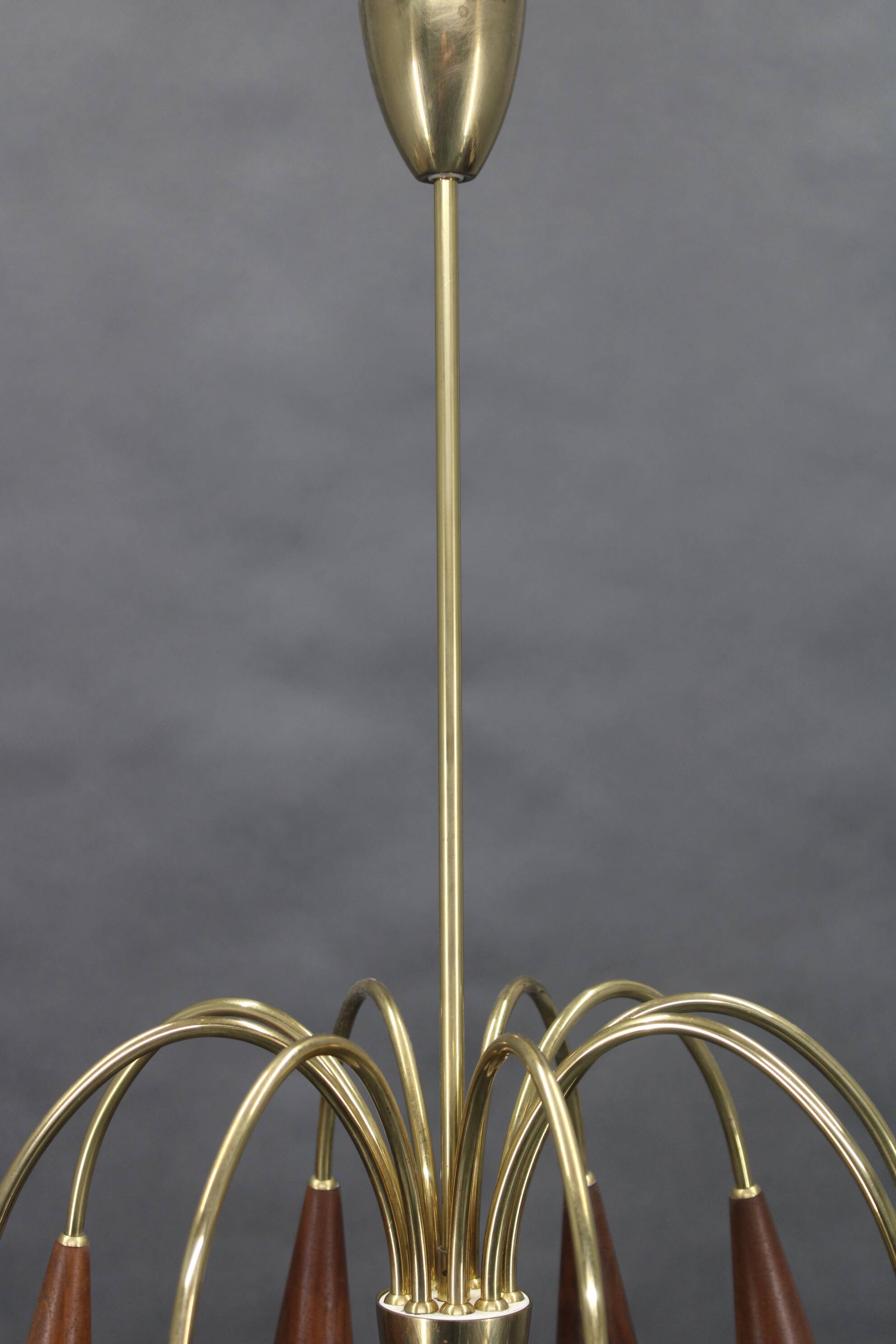 1960s Rupert Nikoll Brass and Teak Opaline Glass Chandelier ,Austria