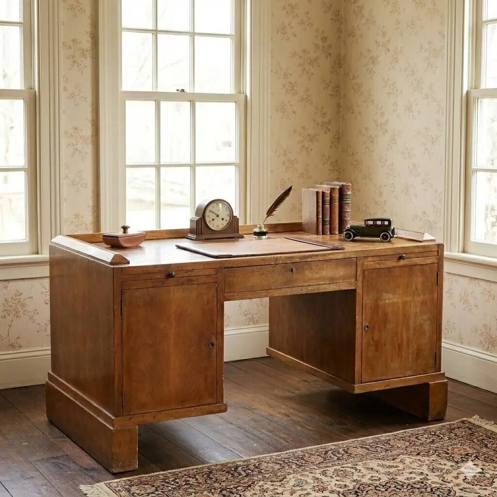 Vintage writing desk in walnut veneer with drawers, Italy, 1920s.