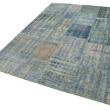 Hand-Knotted Anatolian Contemporary 176 cm x 243 cm Blue Patchwork Carpet