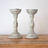Set Of 2 Vintage Rustic Wooden Candle Holders, Country Home Decor