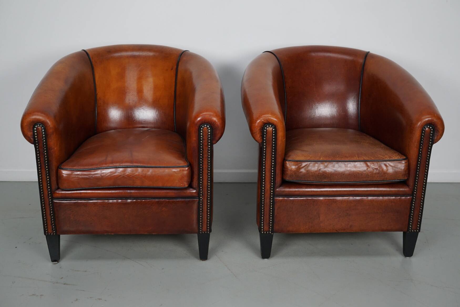Vintage Dutch Cognac Colored Leather Club Chair, Set of 2