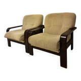 Pair of vintage beech and fabric armchairs, France, 1970s