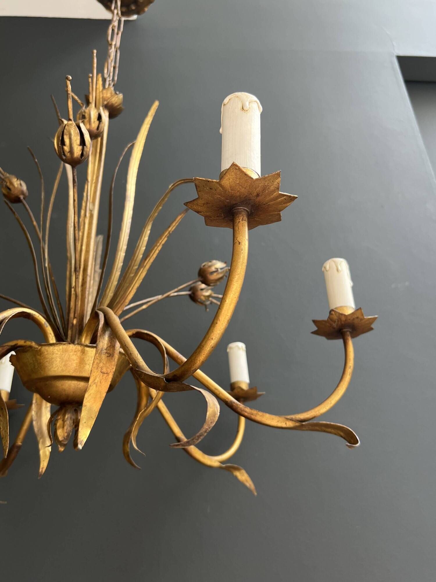Golden Metal Chandelier with Reed Bouquet Decoration. Coco Chanel Style. Work