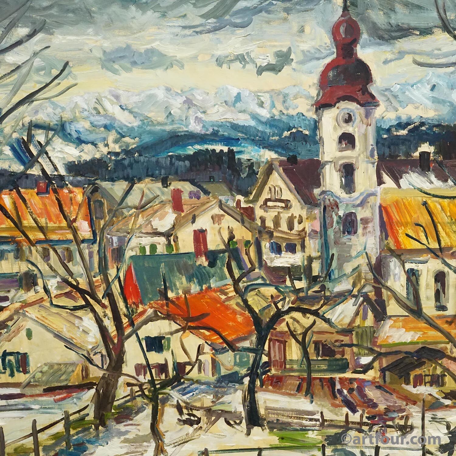 Vintage oil painting of a Bavarian village, Alexander Michael 1973.