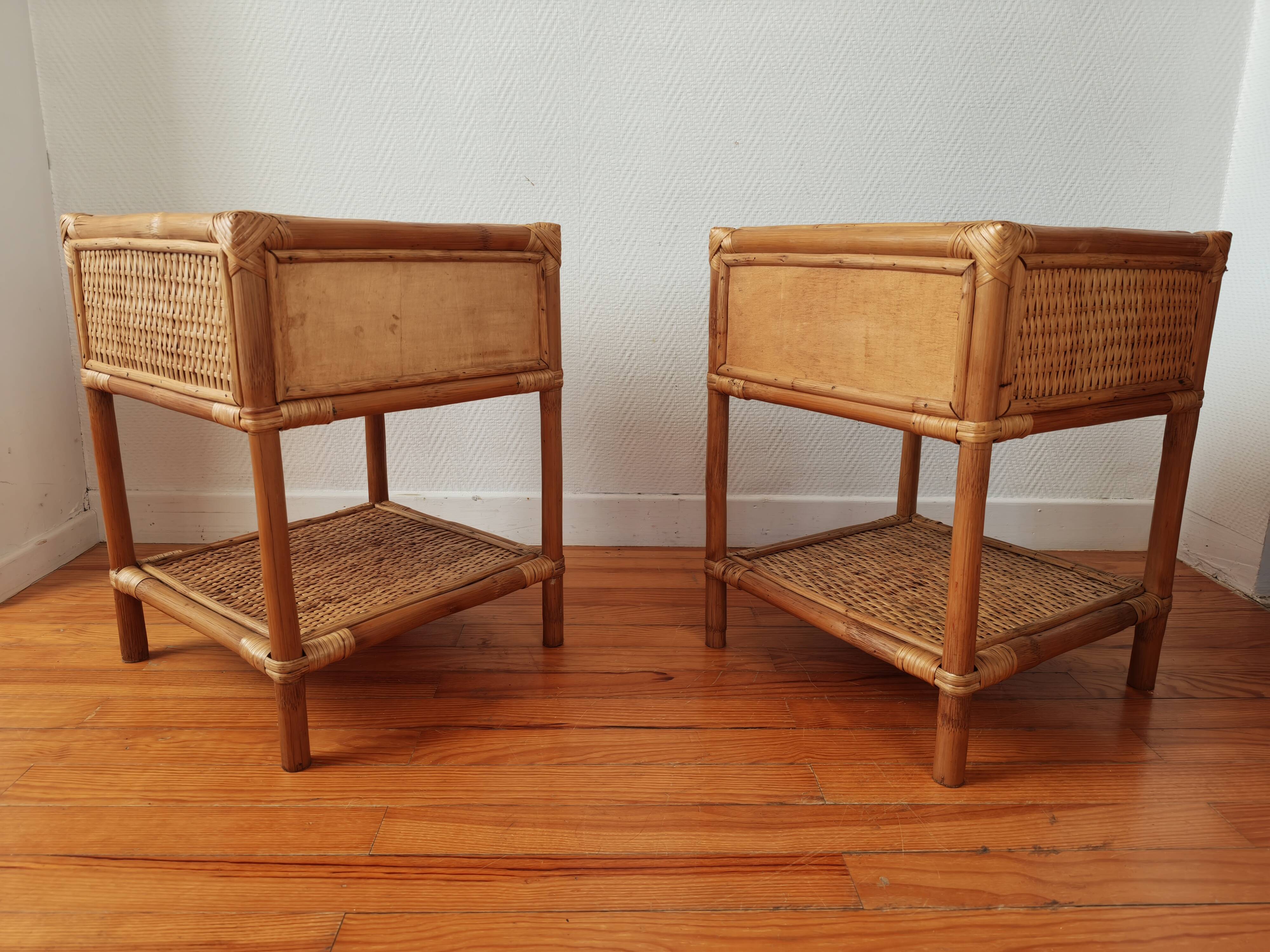 Pair of bedside tables in rattan and wicker - circa 1970