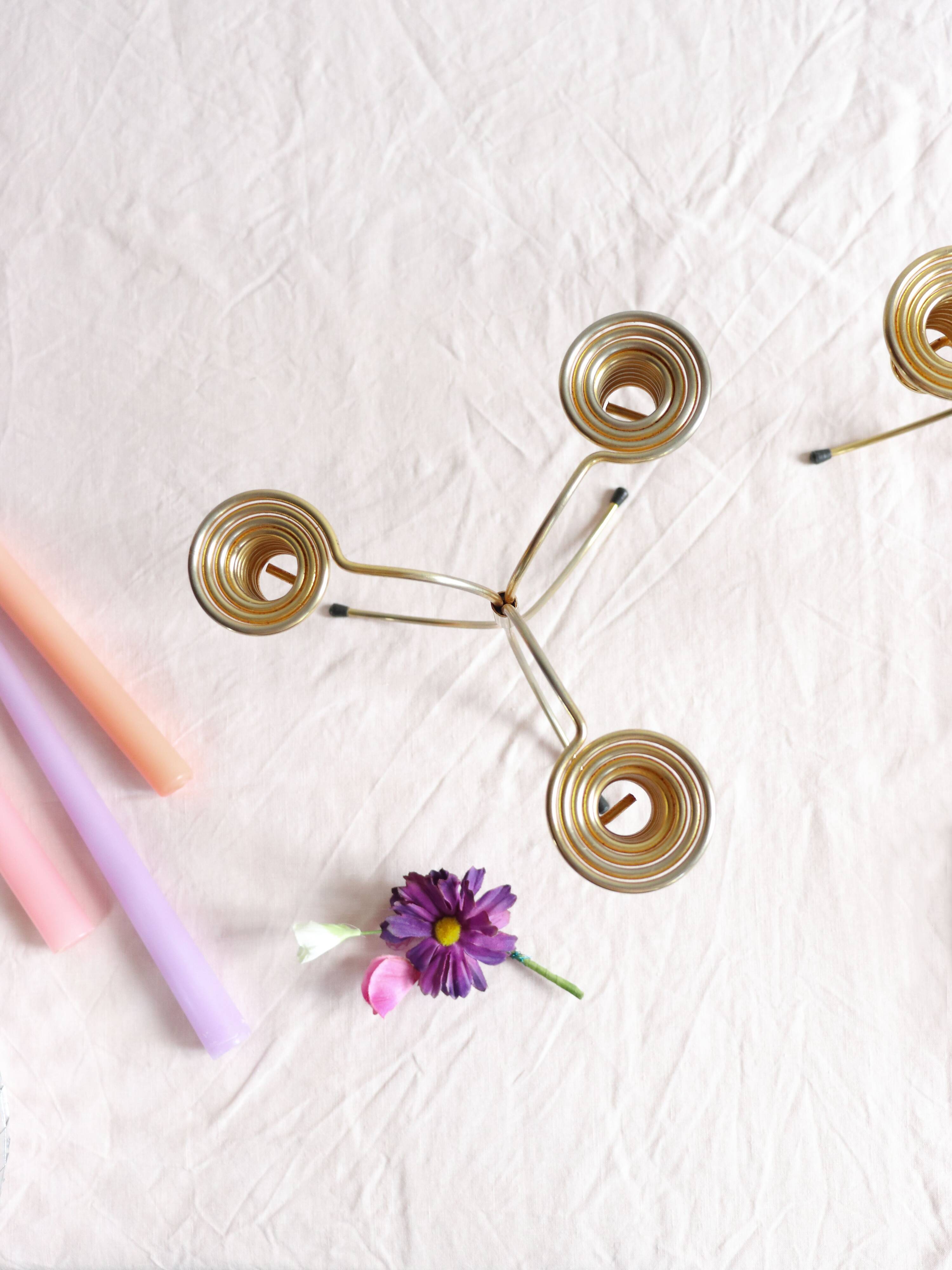 Pair of Vintage Rockabilly Style Gold Brass Spiral Tripod Candlestick Holders